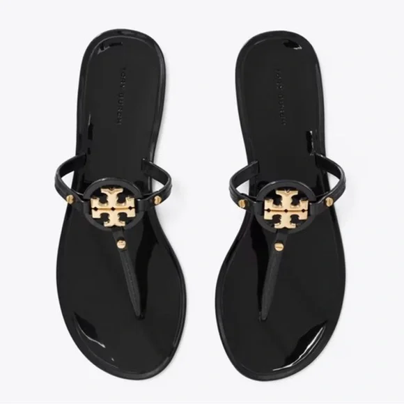 Tory Burch Black Sandals with Gold Emblem - Picture 2 of 5